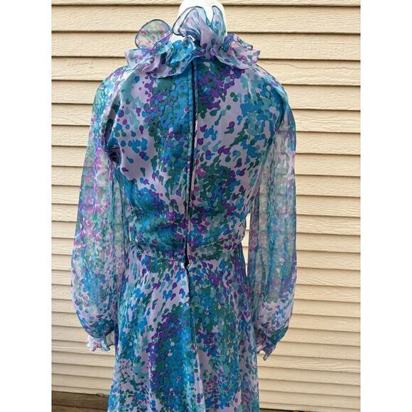 Vtg 60s Ruffle Maxi Dress M 6 8 Purple Floral Long Sleeve Modest Fairy Retro - Picture 6 of 11